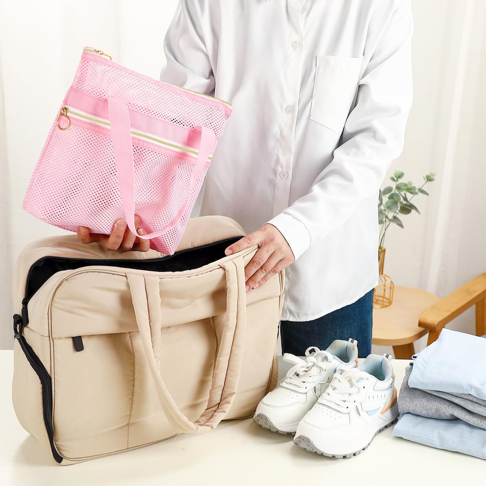 Borsa Bagno Campeggio, Borsa Doccia Portatile, Borsa Rete Rapida Asciugatura, Impermeabile, con Cerniera per Viaggio, Piscina, Spiaggia (Rosa)