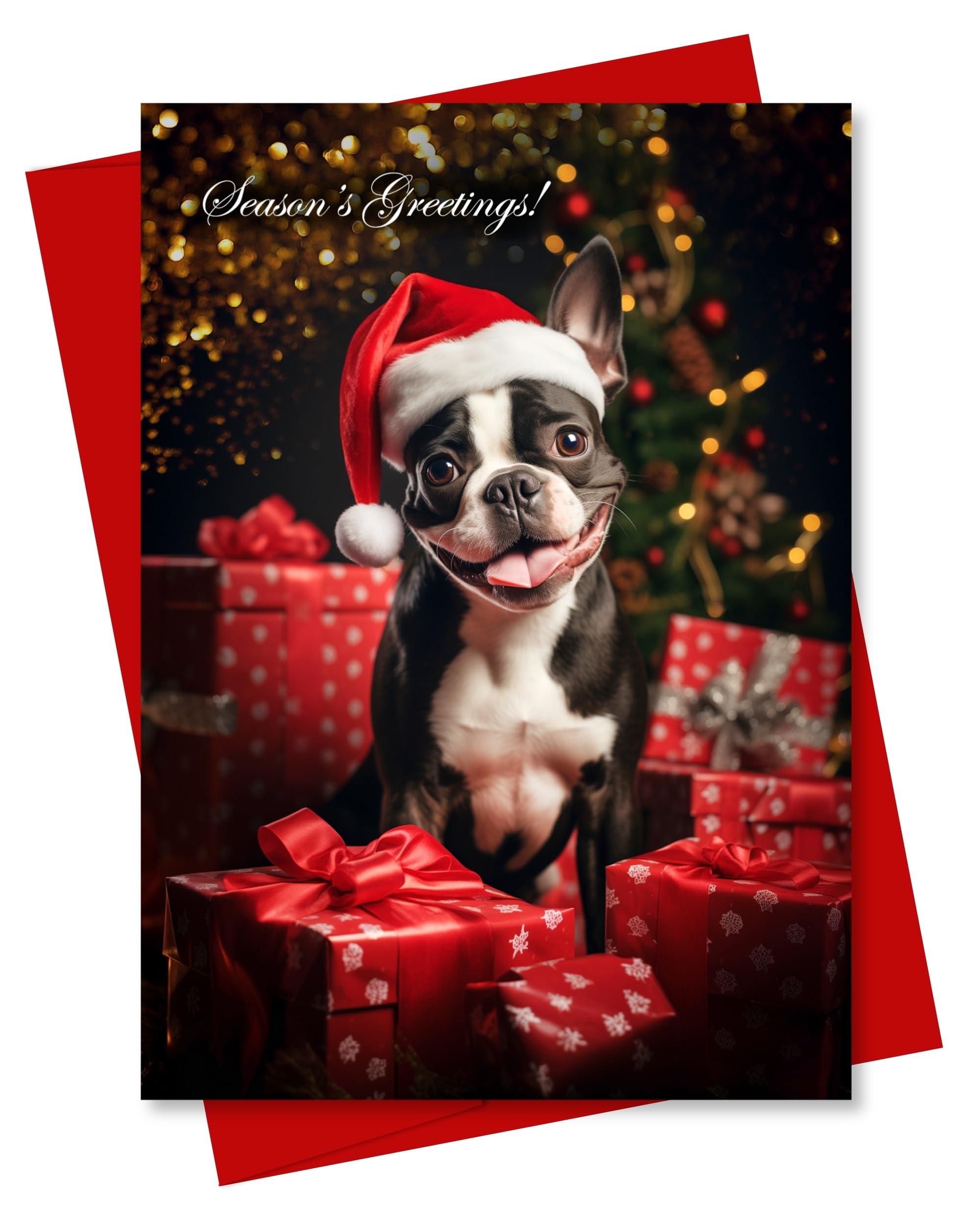 Boston Terrier in Santa Hat Holidays Greeting Card from Dogs for Christmas Collection, Blank Inside, Premium Cardstock, Red Envelope, Pet-Friendly