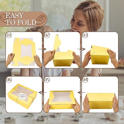 Miniatura 4 de KPOSIYA 65 PCS Cajas para Galletas de 8x6x2.5 Pulgadas con Ventana Cajas Doradas de Panadería Cajas de Repostería para Regalar, Golosinas, Postre,