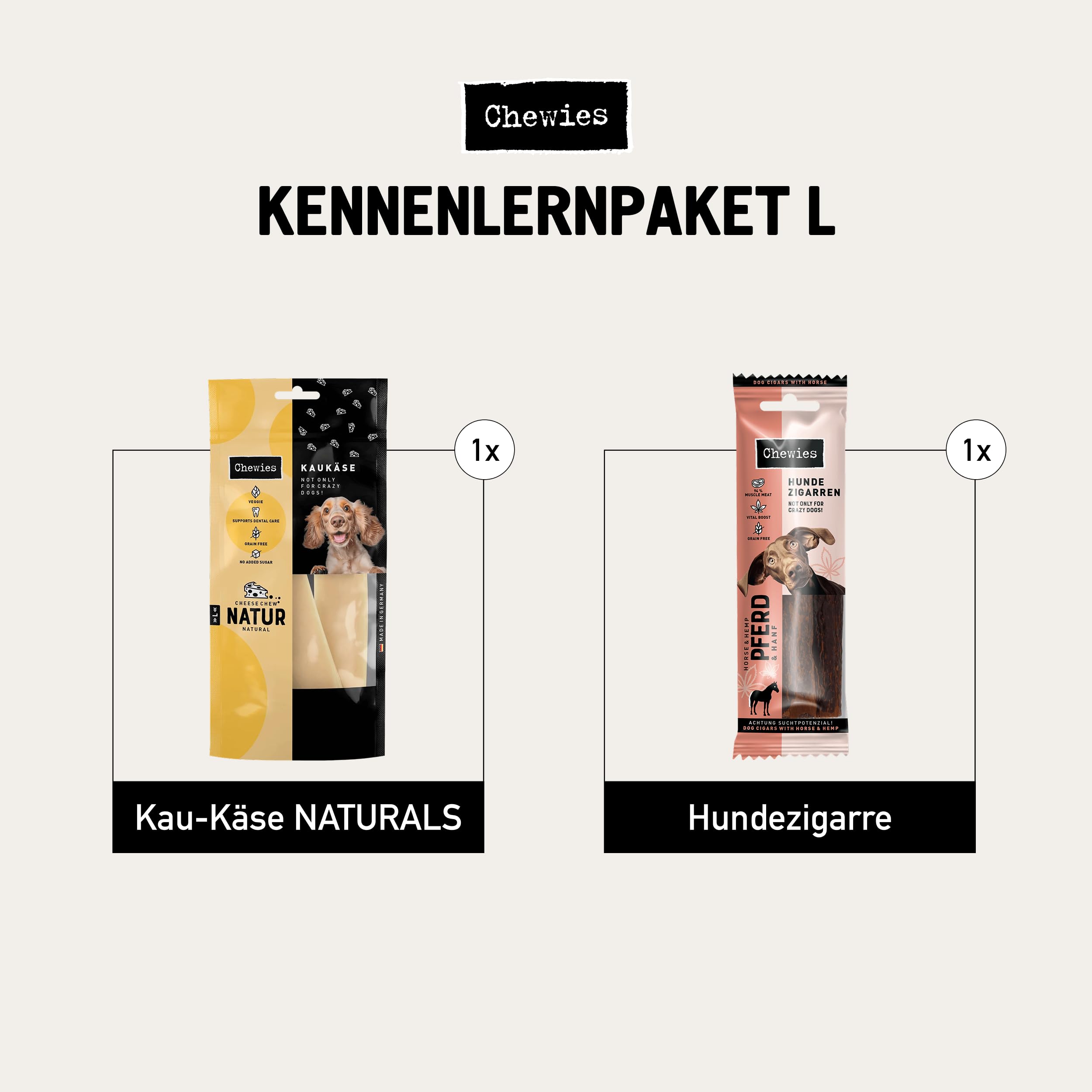 Chewies Kennenlern-Paket Large - Olivenholz & Kaffeeholz für Hunde, Kaukäse, Hunde Leckerlis mit Maxi Fleischstreifen, Lucky Bits, Hundezigarre & Trainings-Happen Pferd (für größere Hunderassen)
