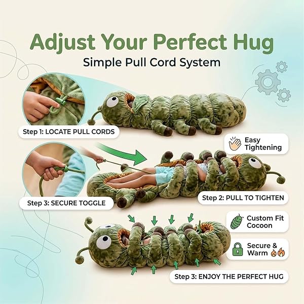 Hugging Caterpillar Sleeping Bags, Caterpillar Shaped Sleeping Bags for Adults Kids, Plush Cocoon Full-Body Lounger Indoor Nap Pod, Pull Cord Hugging System Cozy Reading Nest - 4