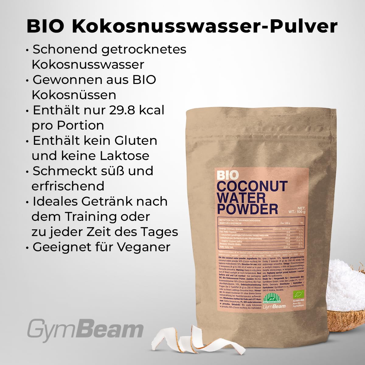 GymBeam BIO Kokosnusswasser-Pulver - Schonend getrocknetes Kokosnusswasser aus BIO-Kokosnüssen, 29,8 kcal pro Portion, glutenfrei, laktosefrei, vegan, süß und erfrischend, 100 g