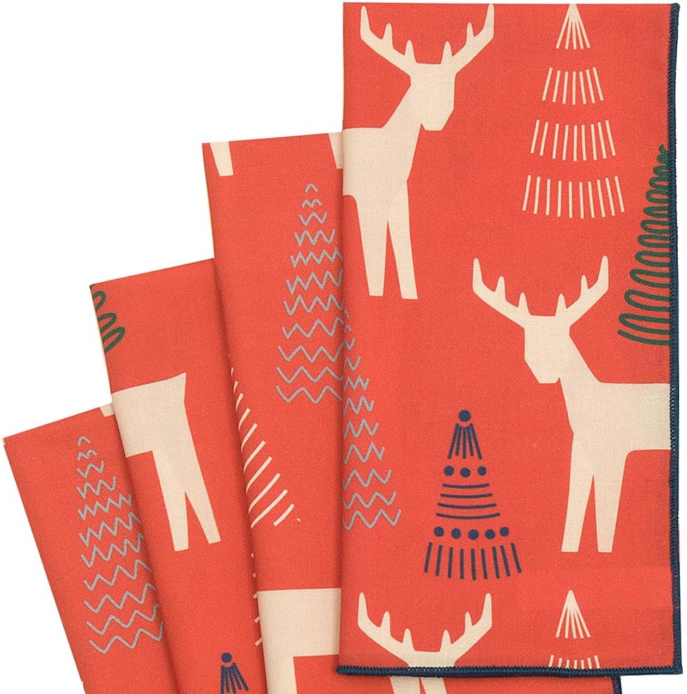 Christmas Napkins 18" x 18" Cloth Dinner, Elegant 100% Cotton Table Decor Linens Red and White Reindeer Print Set 12