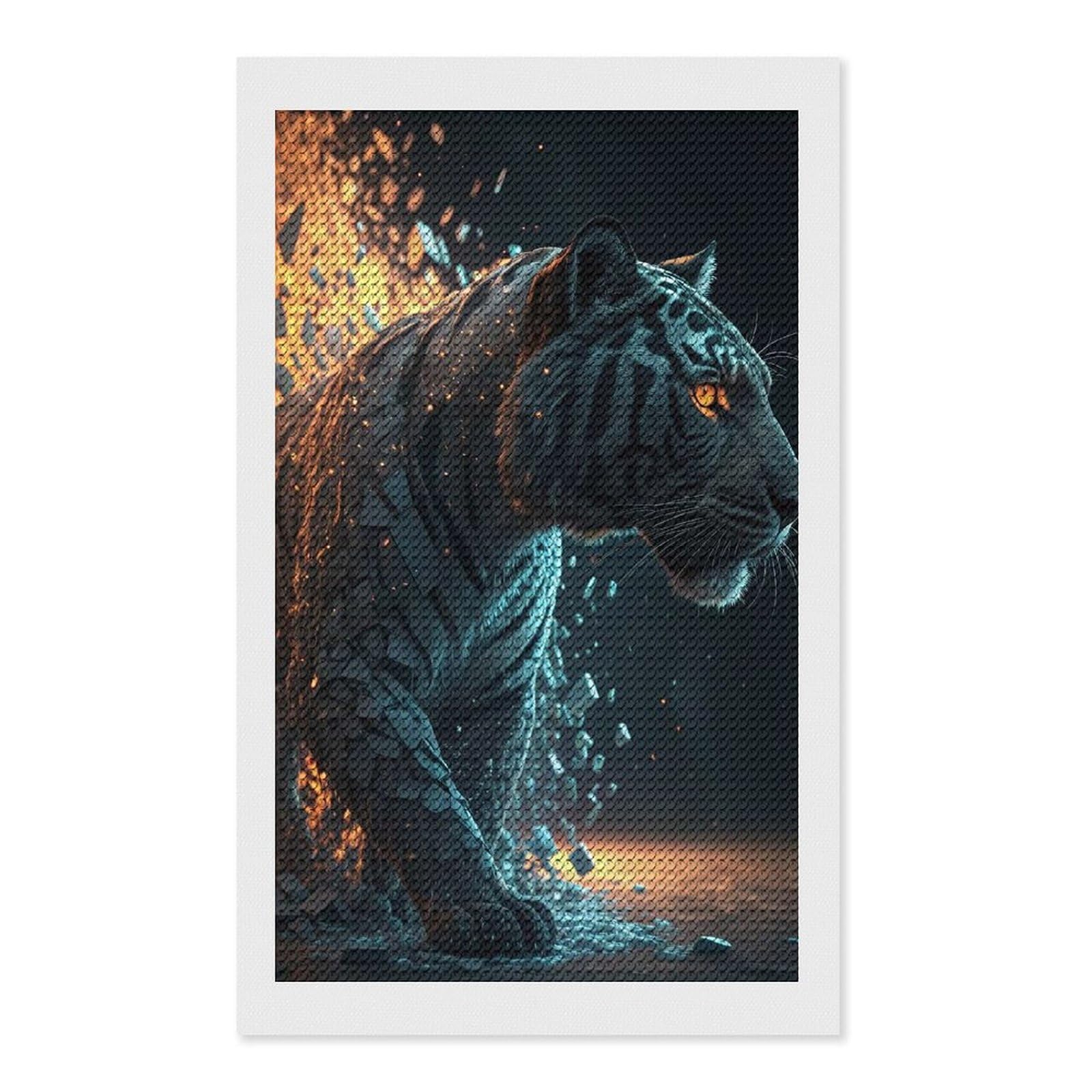 Junmoney Tiger Emerging from Shattering Fire Round Drill Diamond Painting 12"x20", Satisfying Creative Project, Complete Accessories, Printed Canvas