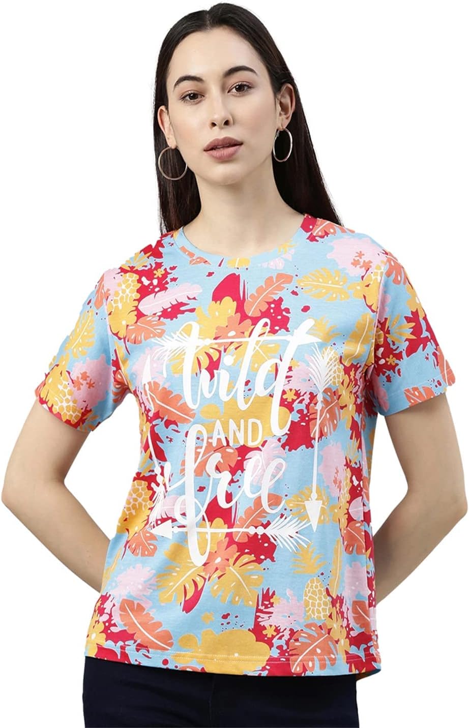 Multicolour Cotton Round-Neck T-Shirt with Tropical Print for Women