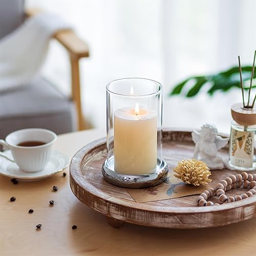 Miniatura 3 de Sziqiqi Candelabro decorativo para huracán, candelabro de cristal transparente plateado, farol cilíndrico con bandeja de metal para repisa,