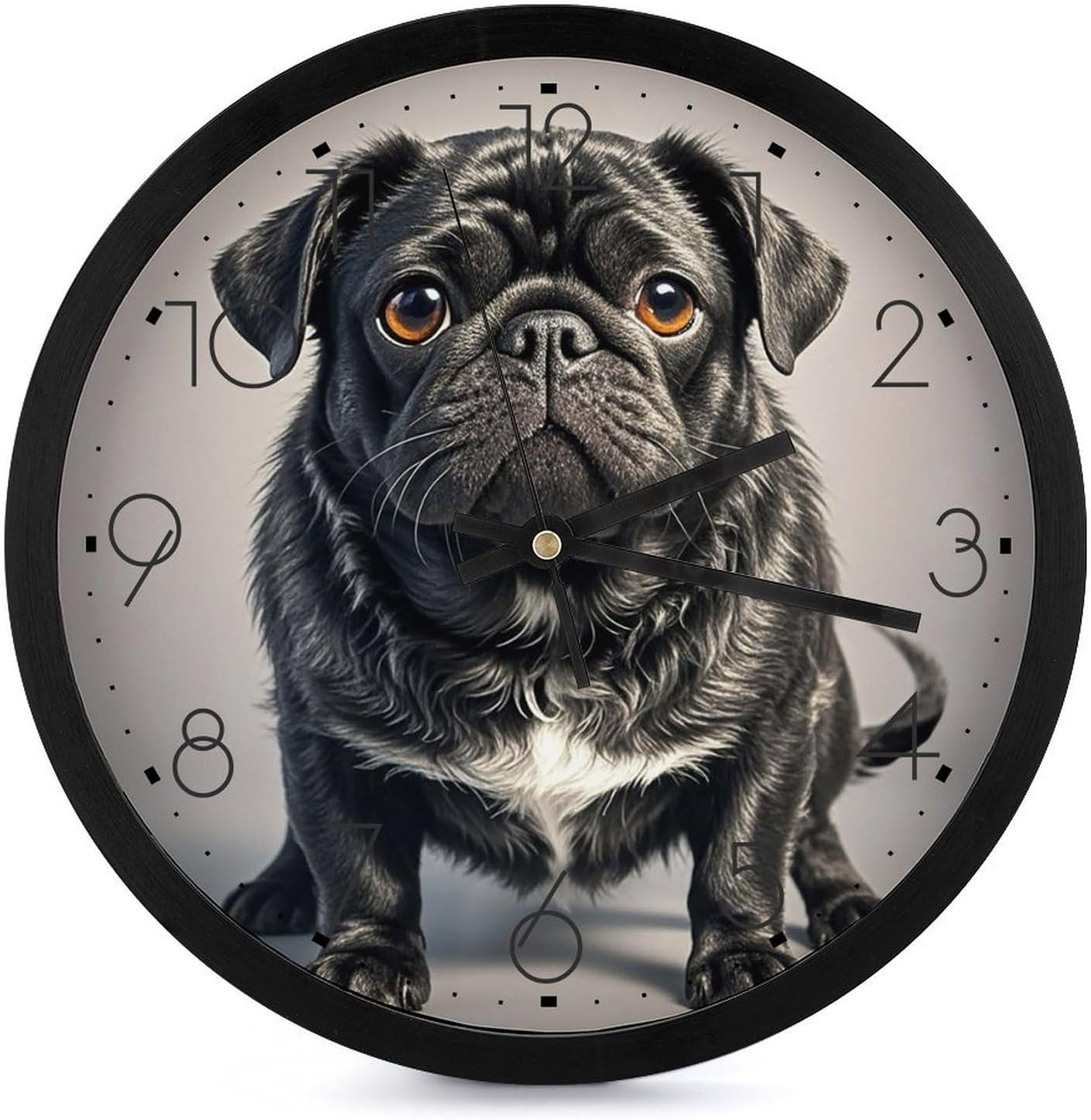 Cute Black Pug Dog Wall Clock 10" Silent Non Ticking Round Clock Modern Wall Clock Decorative Battery Operated Wall Clocks for Living Room Kitchen Office Home Decoration Black-Style