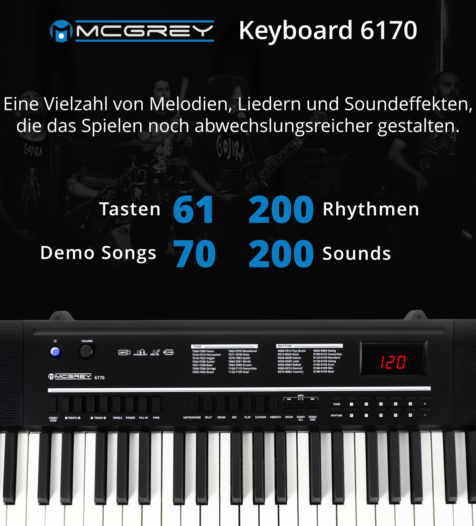 McGrey 6170 Akku-Keyboard Schwarz Safety Fix Set, LC-Display, 200 Sounds | Einsteiger-Keyboard mit 61 Tasten in Standard-Größe, Integrierter Li Ion-Akku mit 1200 mAh, 200 Rhythmen, 70 Demo Songs, 5 cm