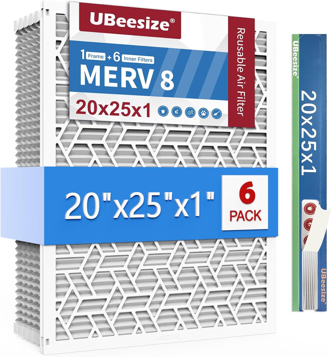 UBeesize Reusable 20x25x1 Air Filter(6Pack),Upgrade AC/HVAC/Furnace Filter,MERV 8