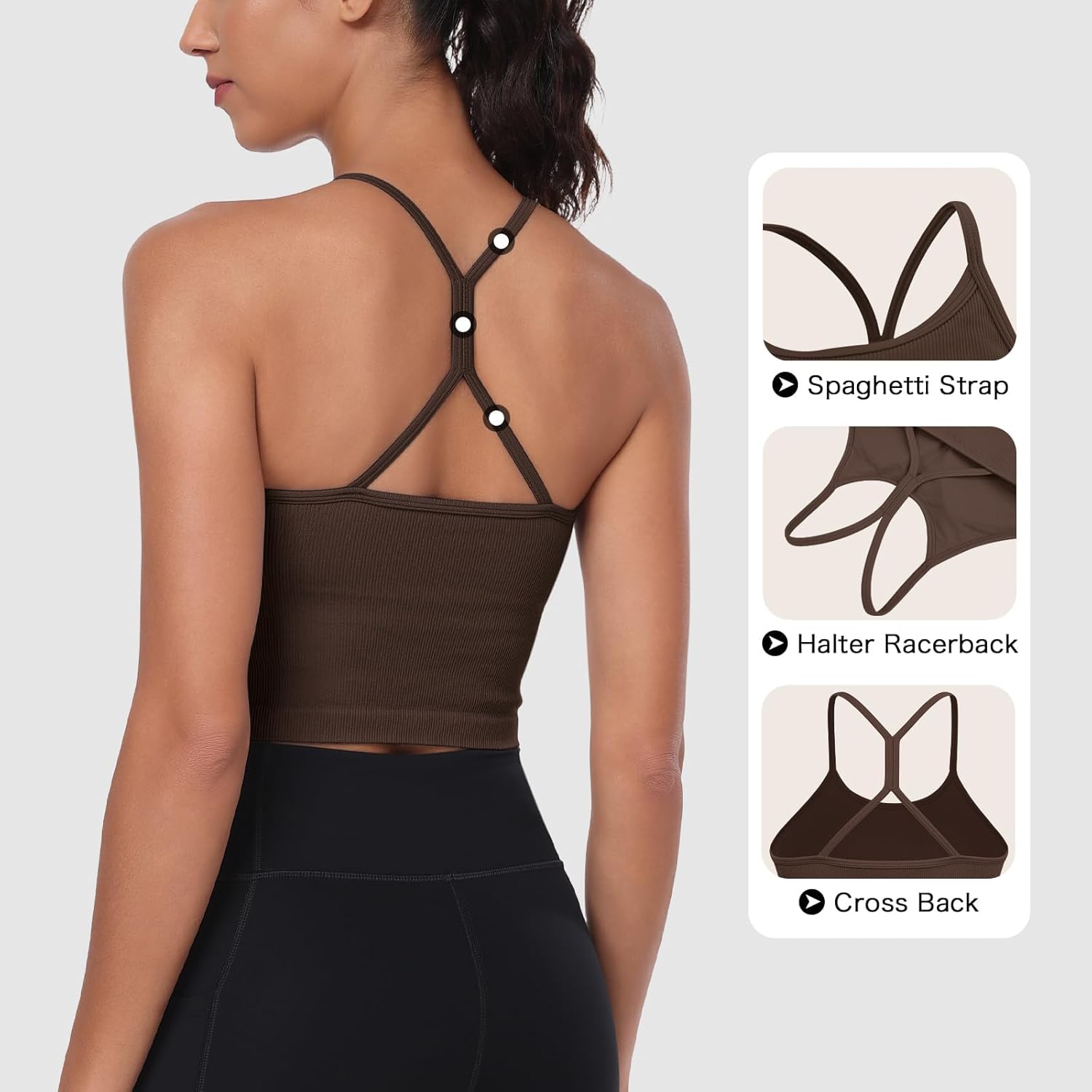 VEQKING Women Sports Bras High Neck Seamless Ribbed Longline Yoga Tank Tops with Built in Bra, 3 Pack