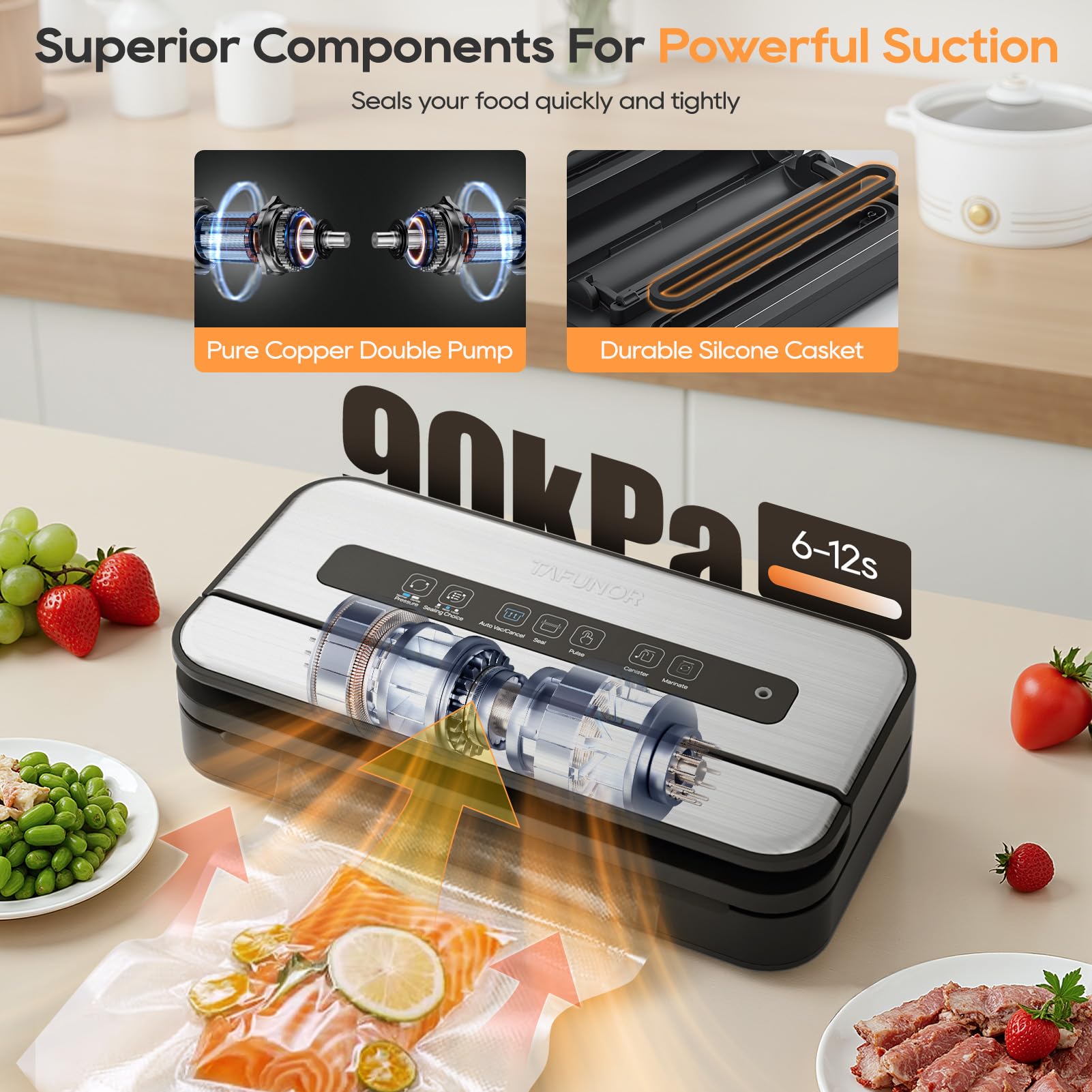 Máquina selladora al vacío líquida, sellador al vacío de 90 Kpa para alimentos líquidos/secos/húmedos, doble sellado térmico, mango de fácil bloqueo, cortador integrado y almacenamiento de bolsas y