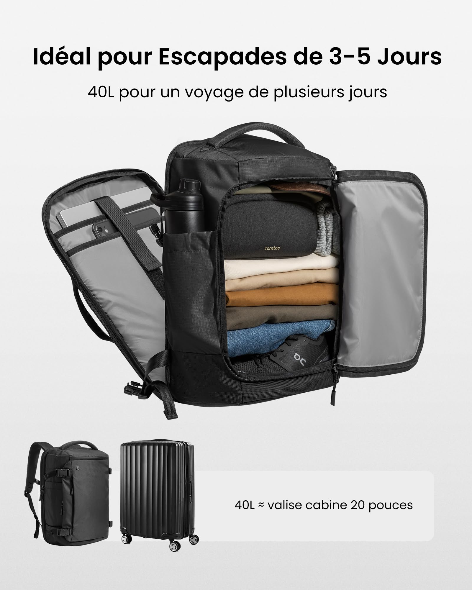 Tomtoc Sac à Dos de Voyage 40L, Bagage Cabine Imperméable TSA, Ordinateur 17,3 Pouces