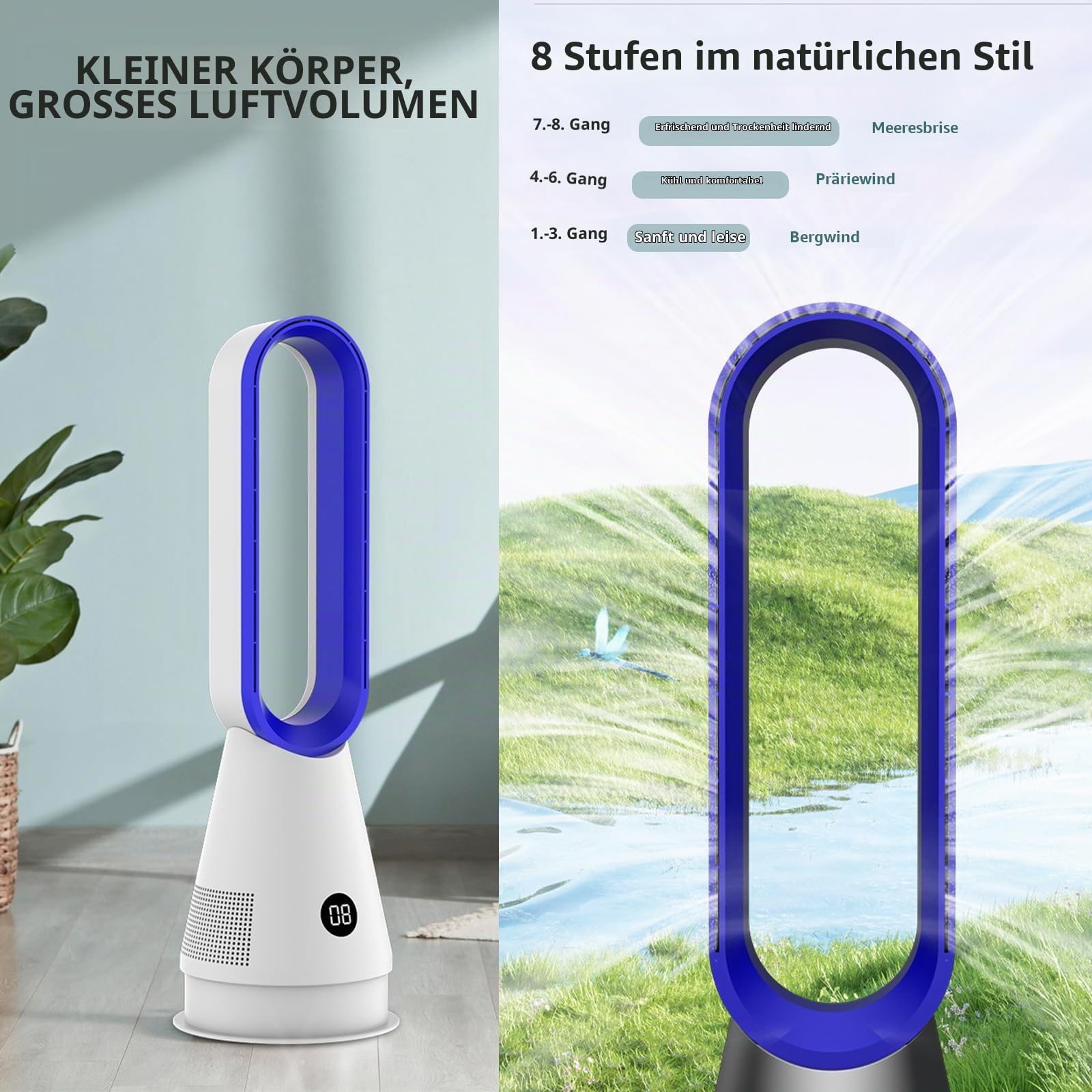 Rotorloser Ventilator,Turmventilator sehr leise & Luftreiniger,mit Fernbedienung, 8 Geschwindigkeiten,90° Oszillation, 9h Timer,oszillierender Raumkühler für Schlafzimmer, Büro (Weiß-Blau)