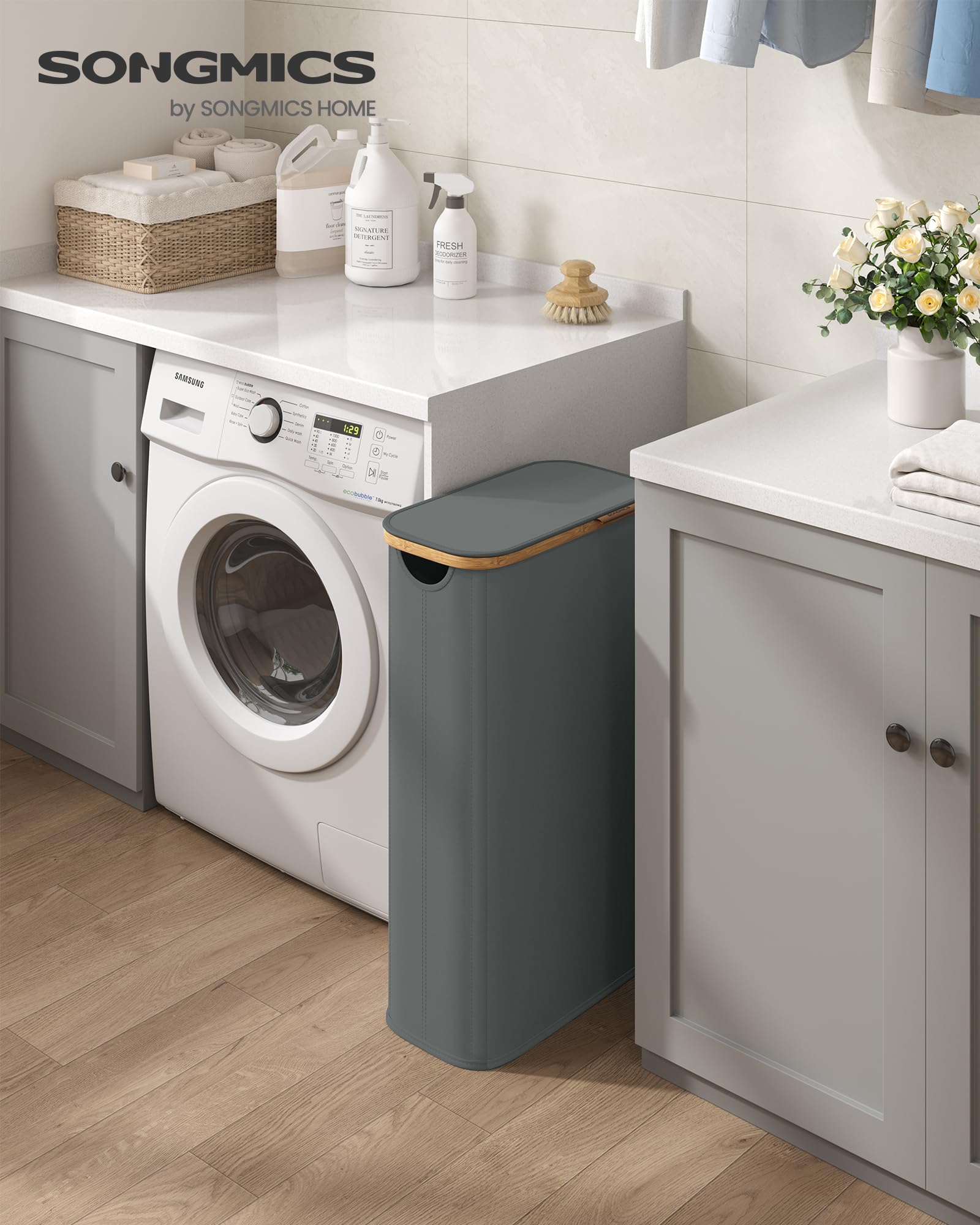 SONGMICS Panier à Linge avec Couvercle, Corbeille Fine, en Tissu Oxford, Pliable, Cadre en Bambou, pour Buanderie, Chambre, Salon, 70 L, 42 x 22,5 x 70,5 cm, Gris Ardoise LCB517GN01