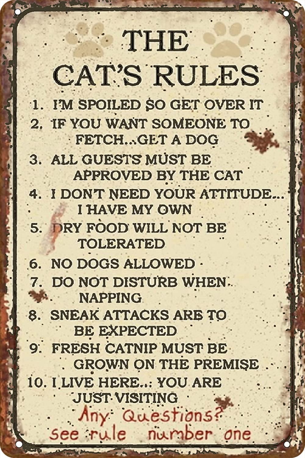 FJQWKLF The Cat'S Rules Retro Metal Tin Sign Vintage Aluminum Sign For Farm Posters Room Decor Home Bathroom Farmhouse Garden Courtyard Wall Decor Printing Plaque Gift 8x12 Inches