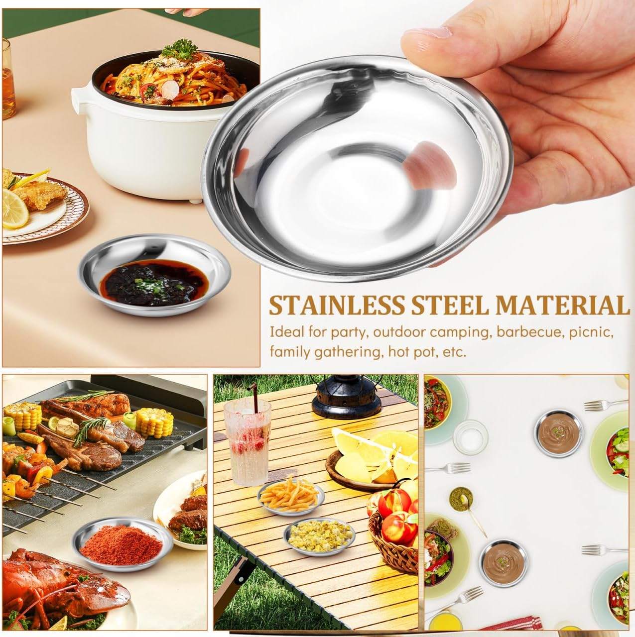 10Pcs Stainless Steel Small Plates, 4 Inch Round Mini Appetizer Dishes for Dipping Sauce, Seasoning, Condiment Bowls, Metal Tiny Dessert Plates, Unbreakable Side Dishes Stackable Basic Cat Bowls 10Cm