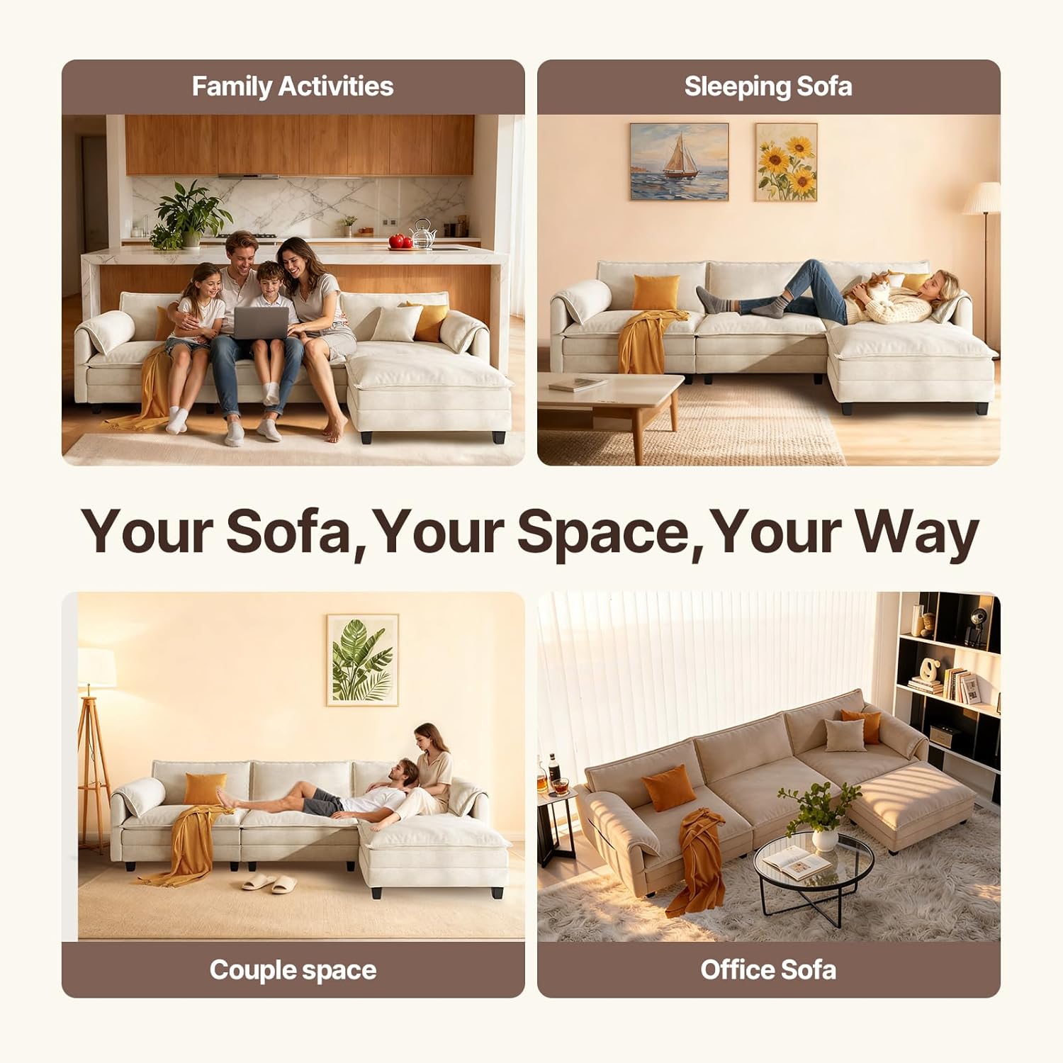 107" L Shaped Modular Sectional Cloud Couch with Pillow, Deep Seat Sofa Couches for Living Room, 4-Seat Modern Sofa with Movable Ottoman, Comfortable Living Room Couch (Beige, 107 Inch-L)