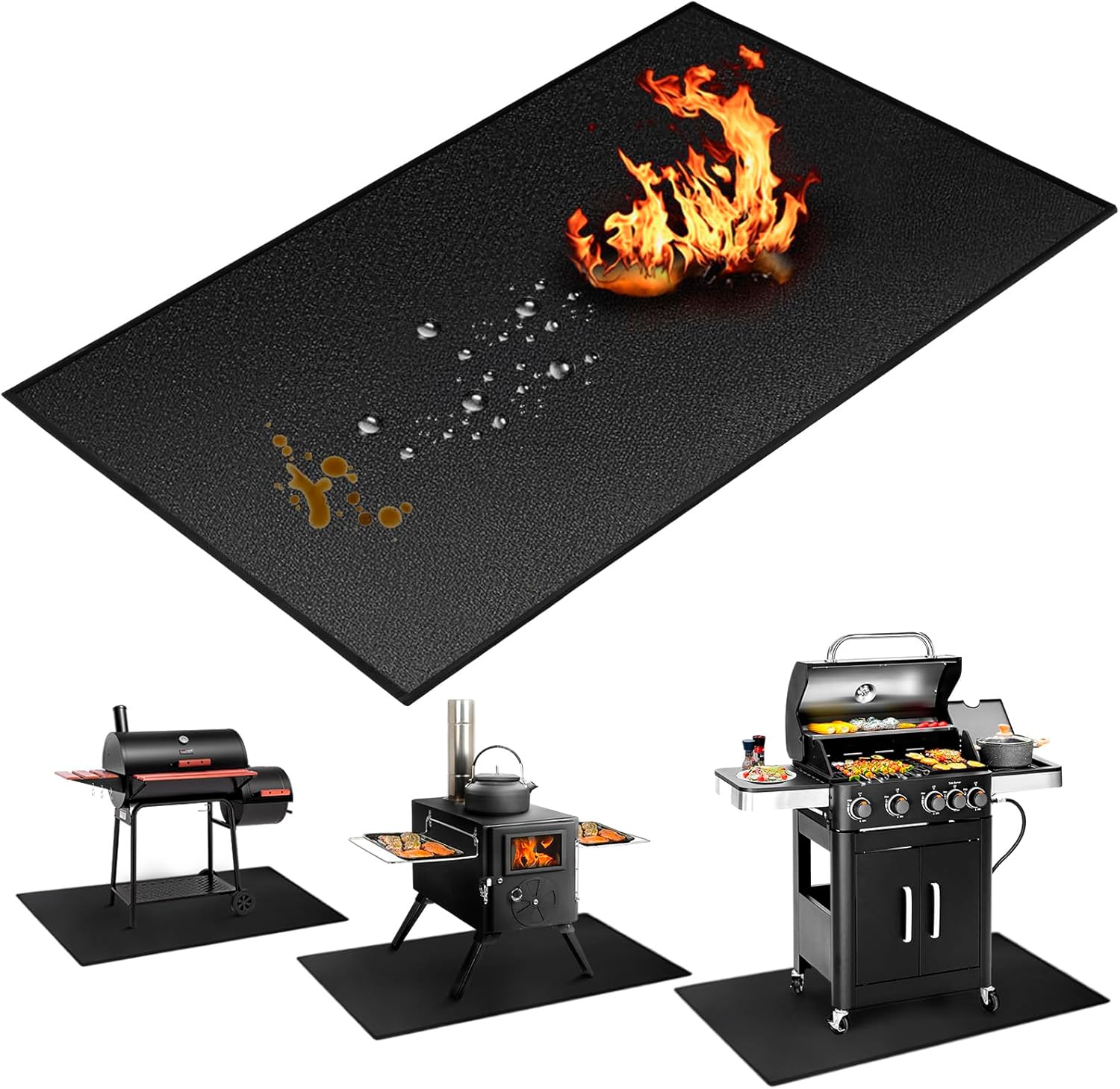 60x40 inch Large Under Grill Mats for Outdoor Grill, Double-Thickened Fireproof Patio Deck Protector Mat, Oil-Proof Waterproof BBQ Mat for Under Grill, Grill Floor Pads Fireplace/Fire Pit Mat