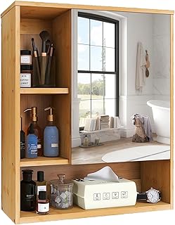 Bathroom Cabinet Wall Mounted with Mirror: Bamboo Medicine Cabinet Over the Toilet Storage Organizer Space Saver Medicine Cabinet with Door and Adjustable Shelves for Kitchen Laundry Room Natural