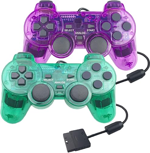Hovlian 2 Pack PS2 Wired Controller,Double Shock Gamepad Compatible with PS2 Controller (Clear Green and Clear Purple)