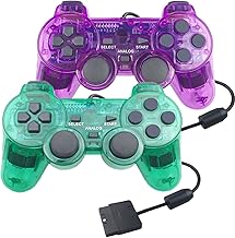 JINHOABF Paquete de 2 controladores con cable PS2, gamepad de doble choque compatible con consola Playstation 2 (verde transparente y morado transparente)