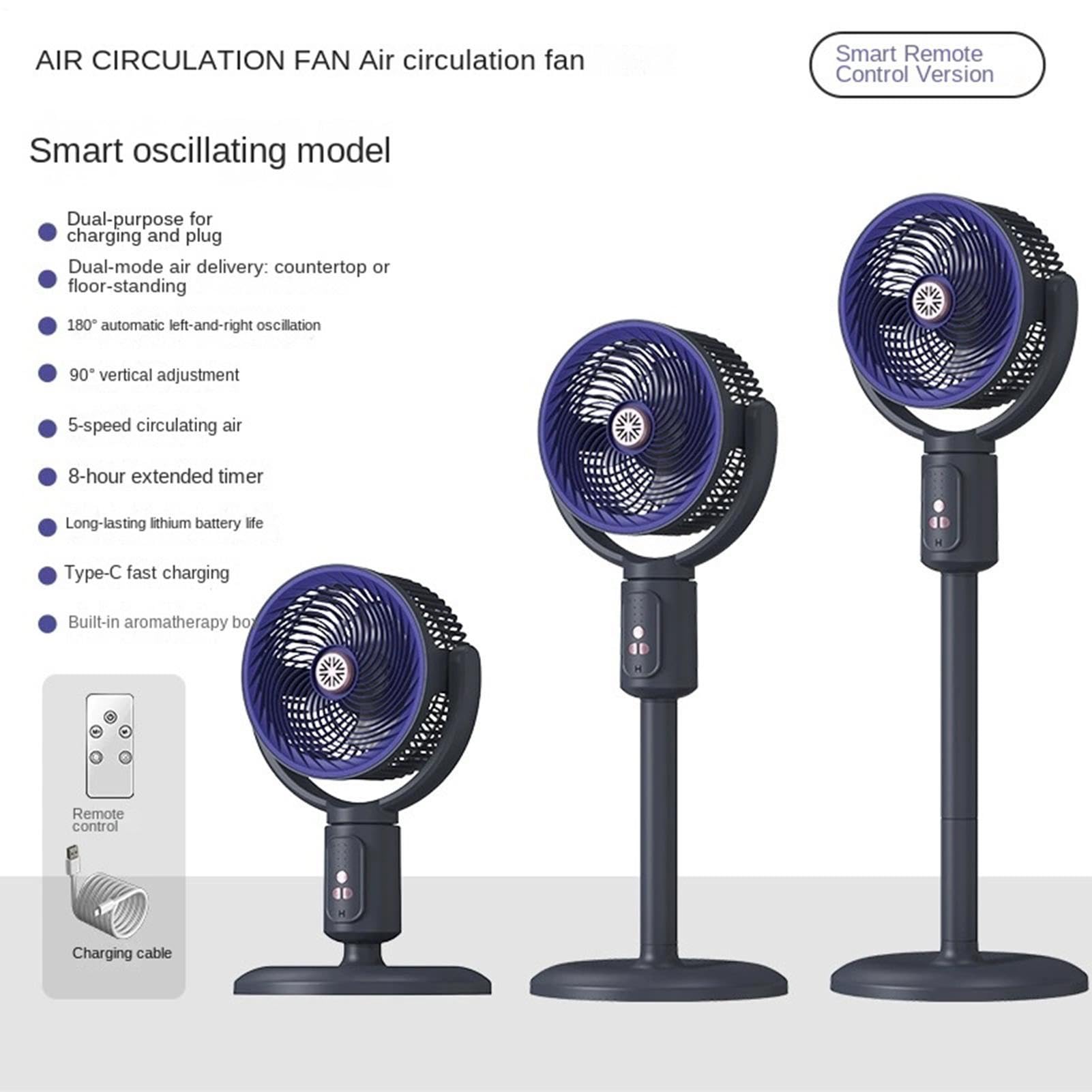 Ventilatore A Piedistallo Ricaricabile - Circolatore D'aria Telescopico | T | Soffiatore da pavimento con oscillazione automatica a 180°, batteria da 4000 mAh, timer 8 ore, per camera da