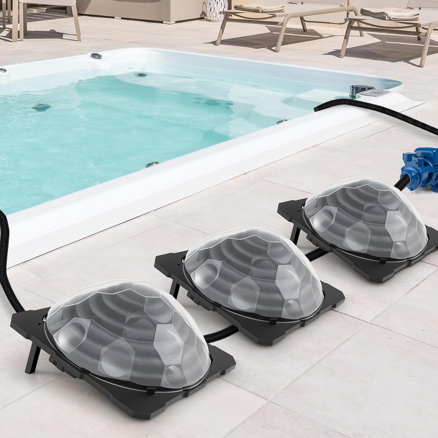 IRONMAX Solar Pool Heater for Above-Ground & Inground Pools, Outdoor Swimming Heater with Dome Cover, Foldable Legs & Rotatable Hose Connectors for Easy Setup (3, Black)
