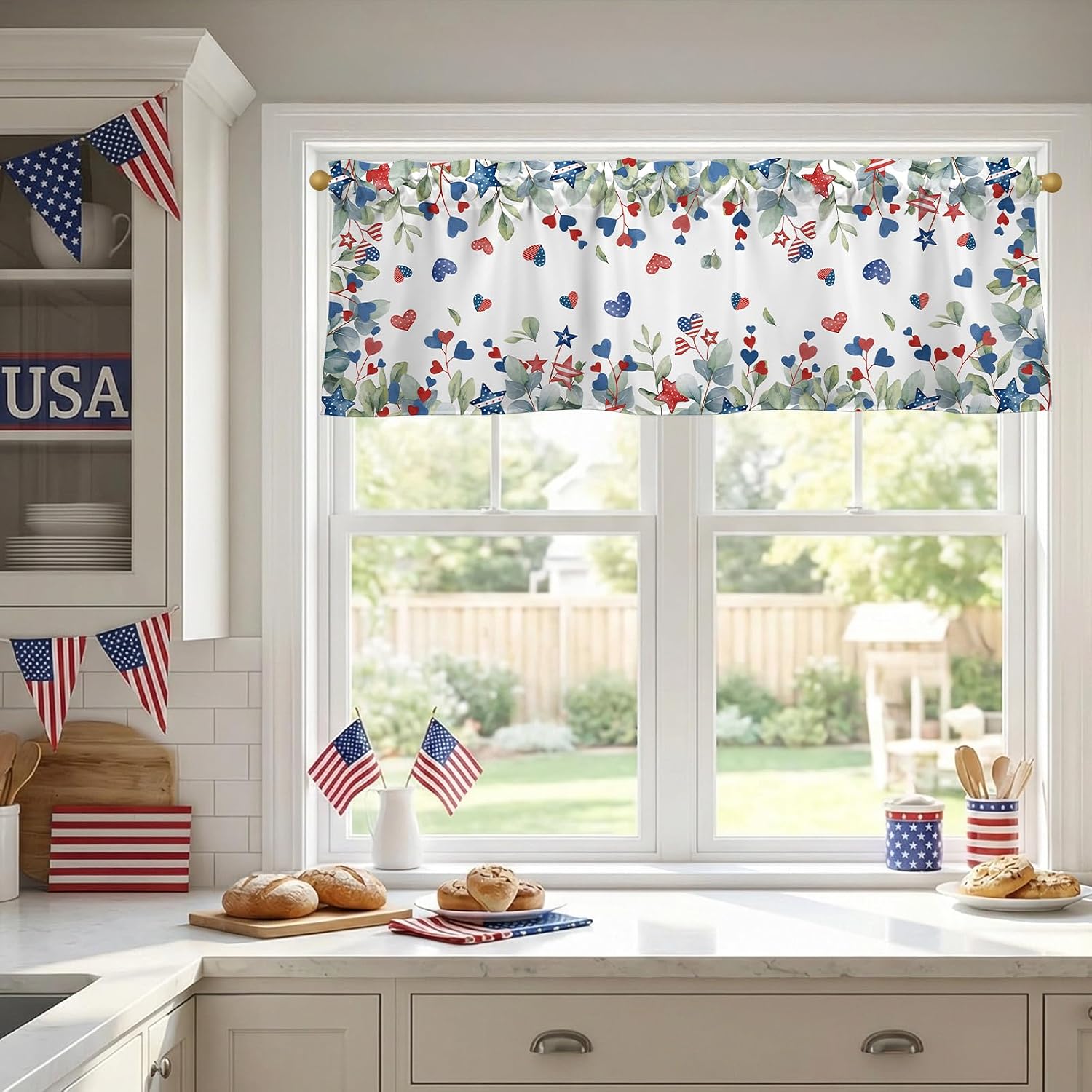 4th of July Patriotic Valances for Windows 54x18 Inch Red White Blue Eucalyptus Stars Hearts Independence Day Curtain Valance for Kitchen Bathroom Bedroom Living Room Home Decor