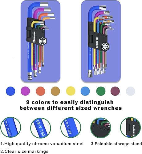 Miniatura 4 de Juego de llaves Allen de 18 piezas de llaves Allen y llaves Allen métricas de brazo largo, llave Allen con mango en T, juego de llaves hexagonales
