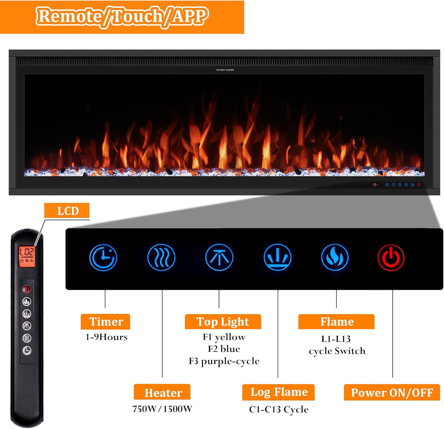 Diagram illustrating recessed and wall-mounted installation steps for the electric fireplace.