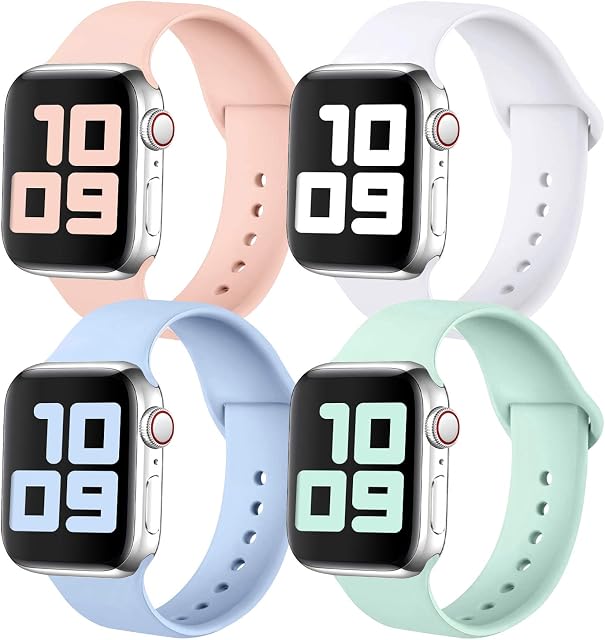 KUNYOS Pack 4 Strap Compatible with Apple Watch Strap 38mm 42mm 40mm 44mm 41mm 45mm 49mm, Soft Silicone Sport Loop Replacement Band Compatible with iWatch Ultra Series 8/SE/7/6/5/4/3/2/1