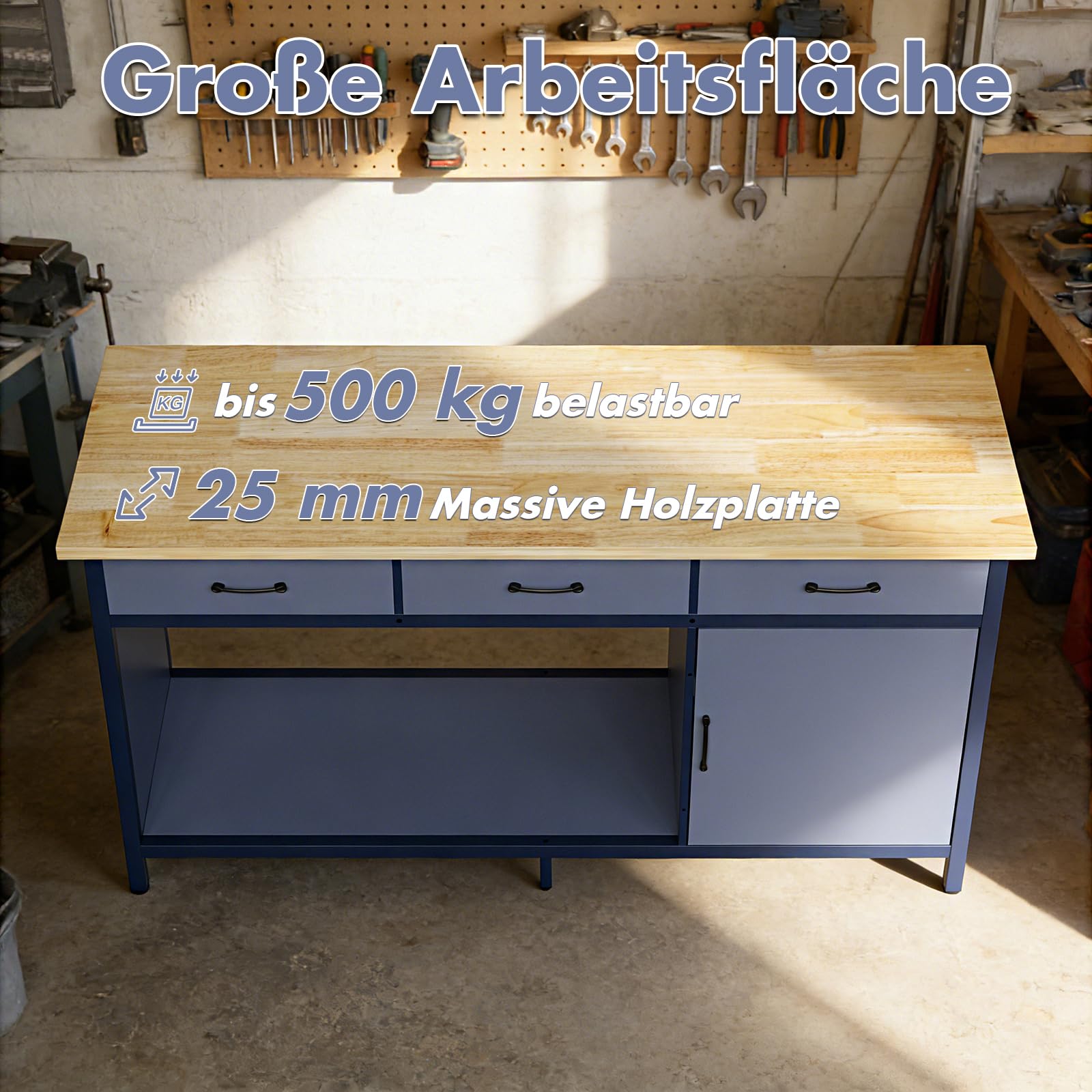 Jummico Werkbank bis 500 kg Belastbar 3 gleitfähige Schubladen 1 Offener Stauraum 25 mm Holzplatte Werktisch 160 x 60 x 85 cm