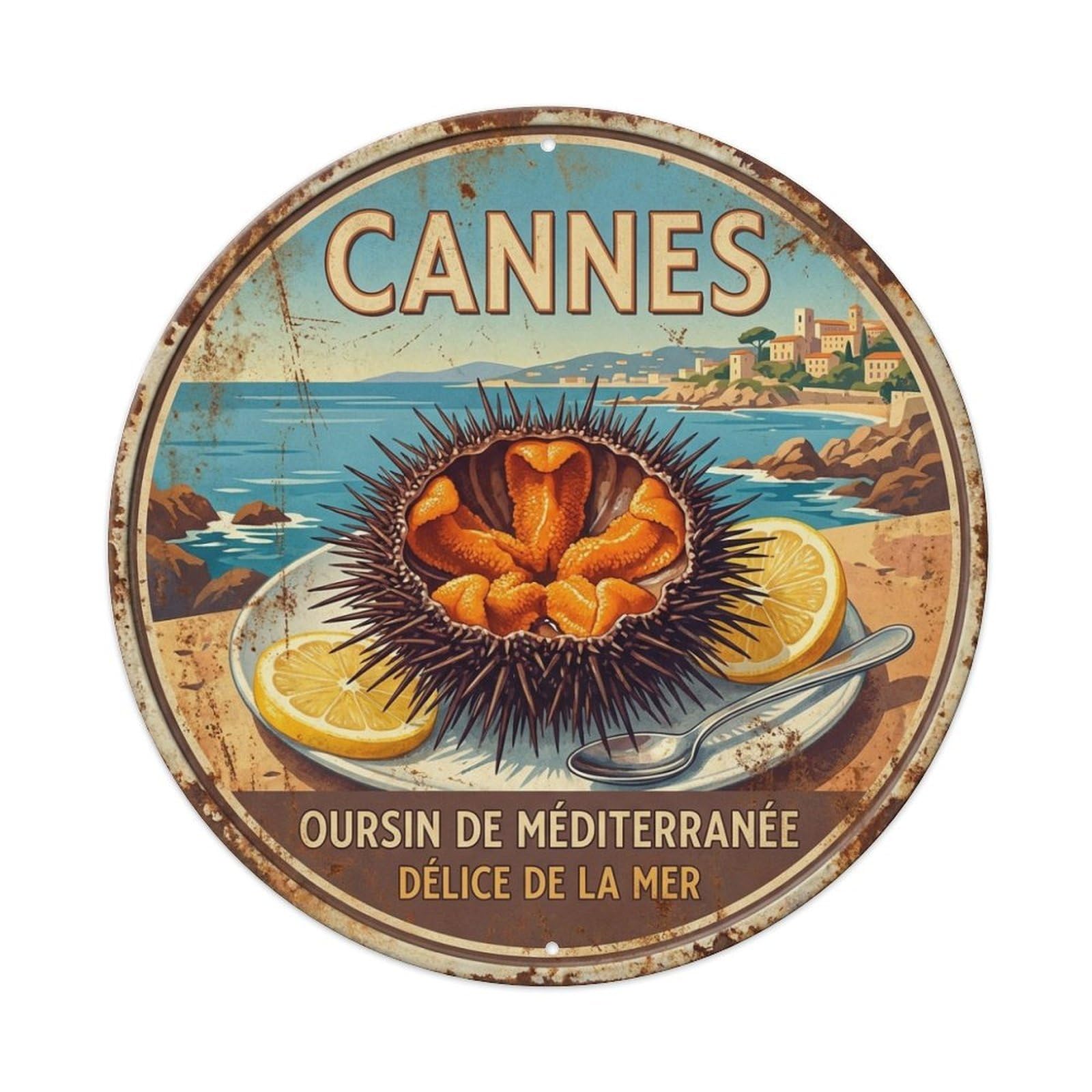 Retro Cannes Sea Urchin French Riviera Cuisine Travel Metal Tin Sign