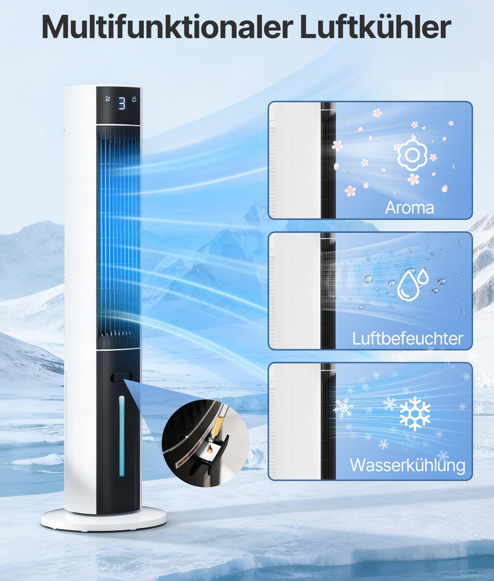 Turmventilator Luftkühler mit Wasserkühlung - Mobile Klimaanlage ohne Abluftschlauch, Ventilator mit Kühlung Leise, 3 Modi-12H Timer-Aroma- Fernbedienung, für Zimmer & Wohnung