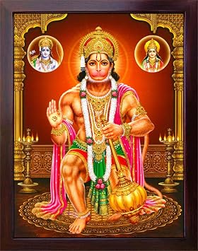 Handicraft Store Hanuman with his Weapon Gada Mace with The Picture of Lord Sita and Ram, A Poster Print with Frame for Home Decor and Gift Purpose.