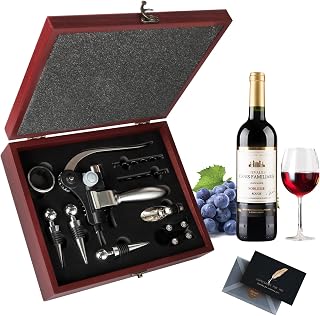 UCAMP Juego de abridor de vino de lujo con 11 sacacorchos, accesorios de vino, set de regalo para amantes del vino (caja de madera)