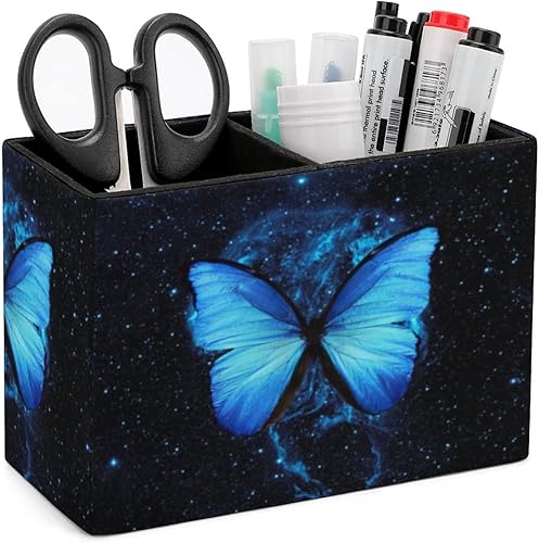 Niapessel Portalápices para escritorio, diseño de mariposa azul con cielo estrellado, organizador de bolígrafos de escritorio, organizador de