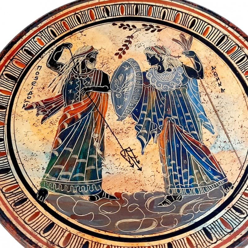 Greek Ceramics Plate 28cm Multicolored, God Poseidon with Goddess Athena, Hand-Painted Ceramic, Decorative