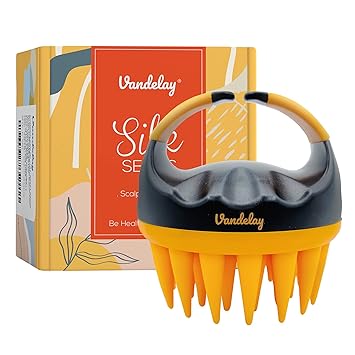 Vandelay (UK) Silicon Scalp Massager Shampoo Brush with EXTRA Long Thick Silicon Bristles [Silk Series] (Orange & Black)