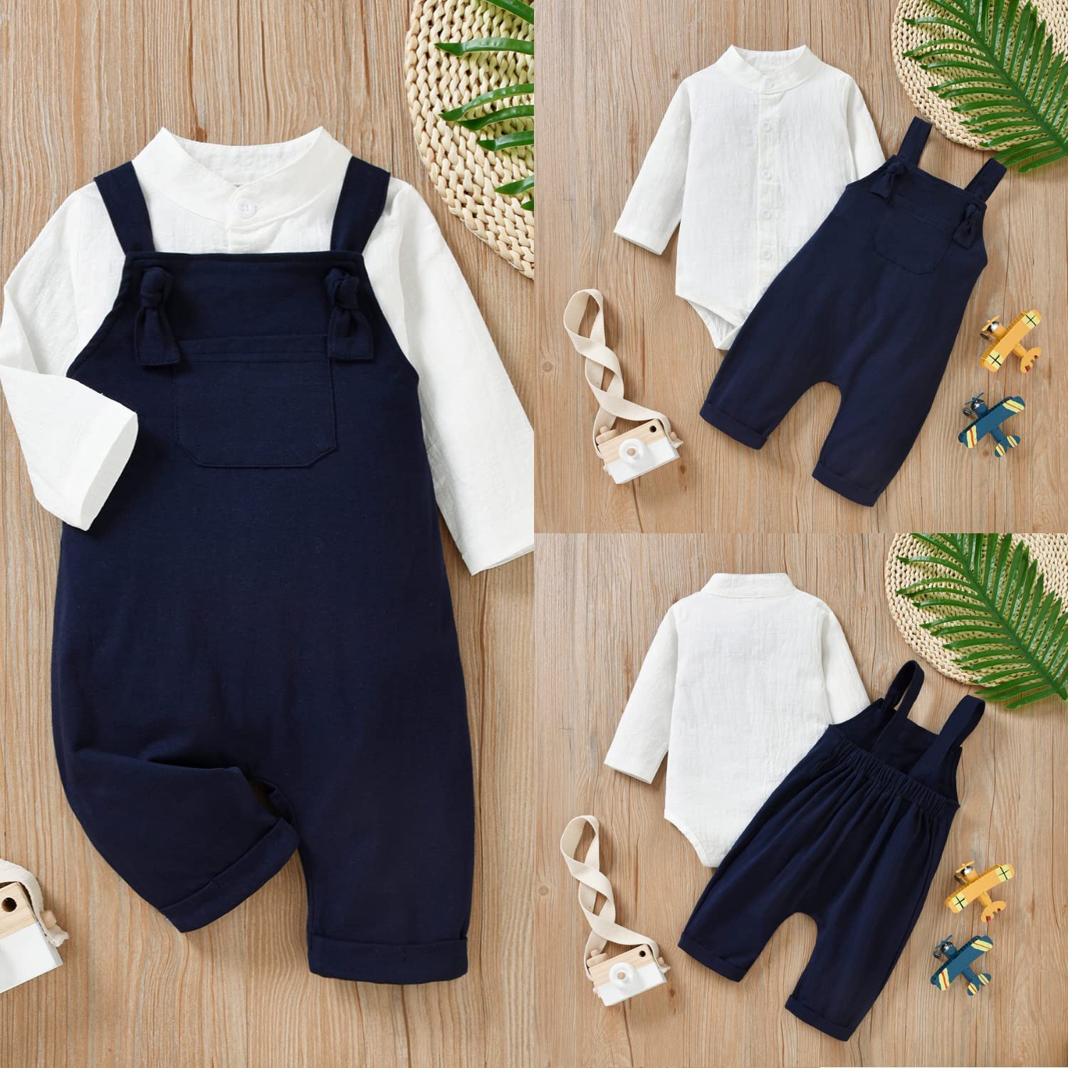 Unistylo - Ropa de bebé para caballero, overol para niños pequeños, pantalones con tirantes y mameluco, azul, blanco, 2-3T