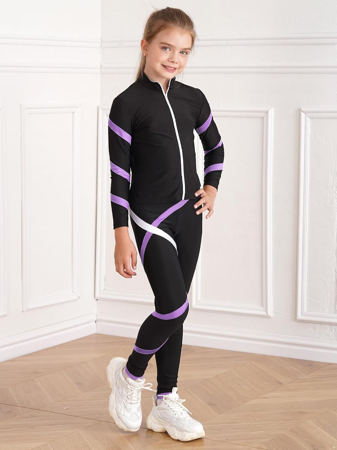 Kids Girls 2Pcs Contrast Color Ice Skating Suit Long Sleeve Zipper Sweatshirt and Leggings Training Set