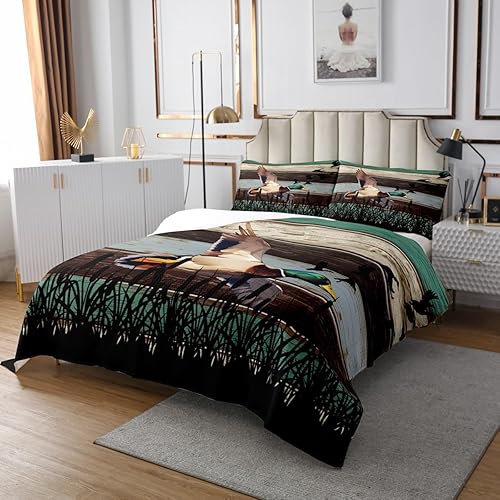 Miniatura 2 de Juego de ropa de cama de pato de campo, tamaño Queen, diseño de animales salvajes, colcha rústica con rayas de madera para niños, adultos, hombres,