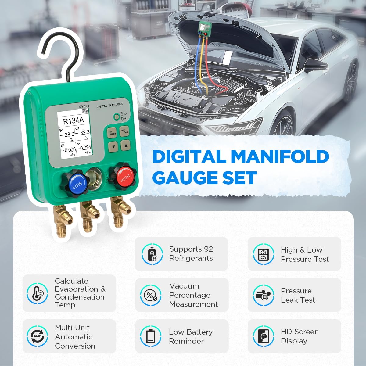 Diagram showing key features of the digital manifold gauge set
