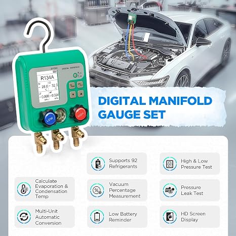 HVAC Digital Manifold Gauge Set, 92 Refrigerant, Dual Pressure&Vacuum Test | LCD Display Digital HVAC Gauges, R134A R22 R410A Refrigerant Gauge with 3 Hoses&1/4 SAE Interface, AC Recharge Kit with Hook