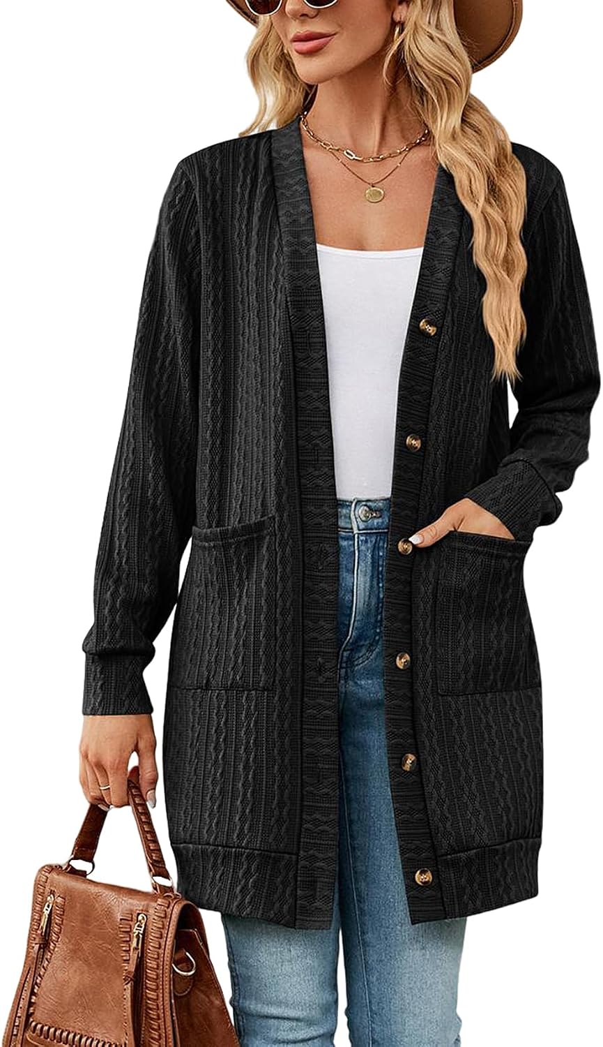 Gilet Femme Long Cardigan Élégant à Manches Longues Avec Poches - Boutons - Confort Automne Hiver