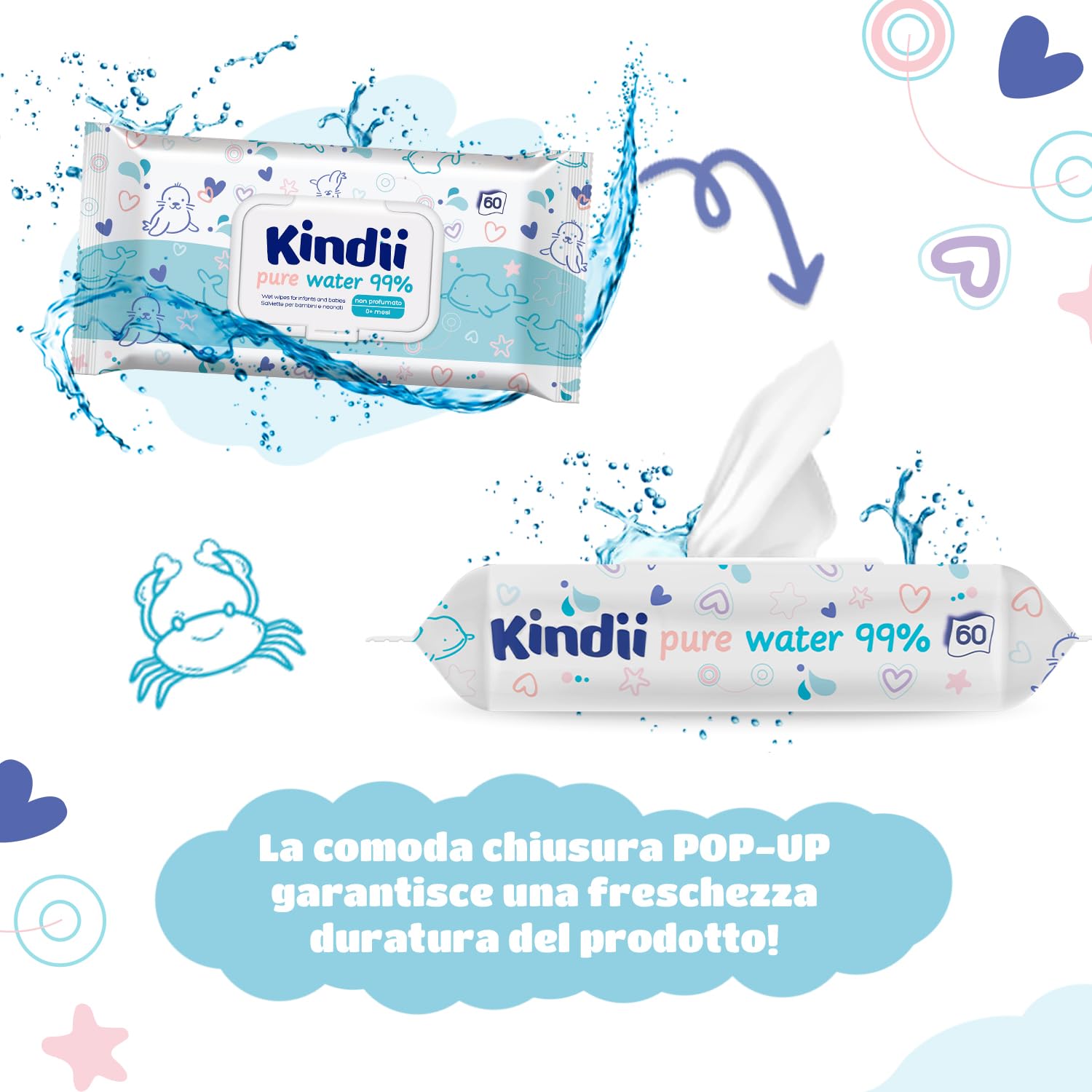 Kindii Salviette Umidificate Pure Water 99% - (60 Pz) Salviette - Composizione 99% Acqua, Allantoina, Senza Profumazione, Dermatologicamente Testate - 60 Pz