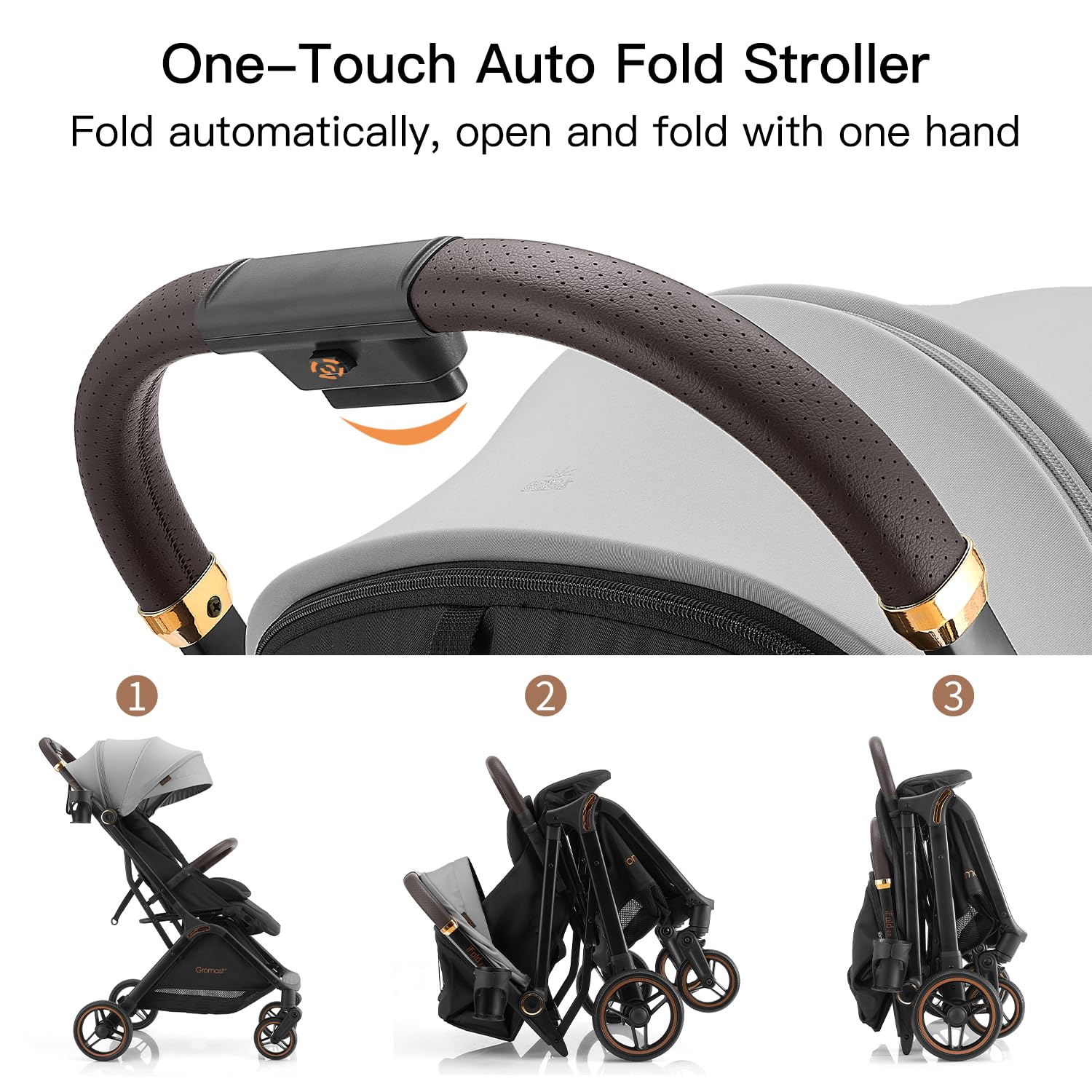 gromast gravity folding baby stroller - portable travel toddler stroller w/adjustable backrest, canopy, footmuff & cup holder, lightweight and uv protected, one-hand automatic folding - light gray