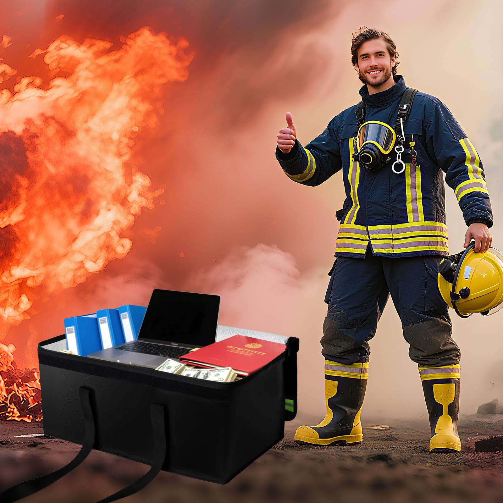 Tragbare Feuerfeste Dokumententasche Große, 60x30x30 cm, Schwarz | Mit reflektierendem Streifen, feuerfeste Dokumentenbox – sichere Aufbewahrung für Dokumente, Bargeld und alle Wertsachen