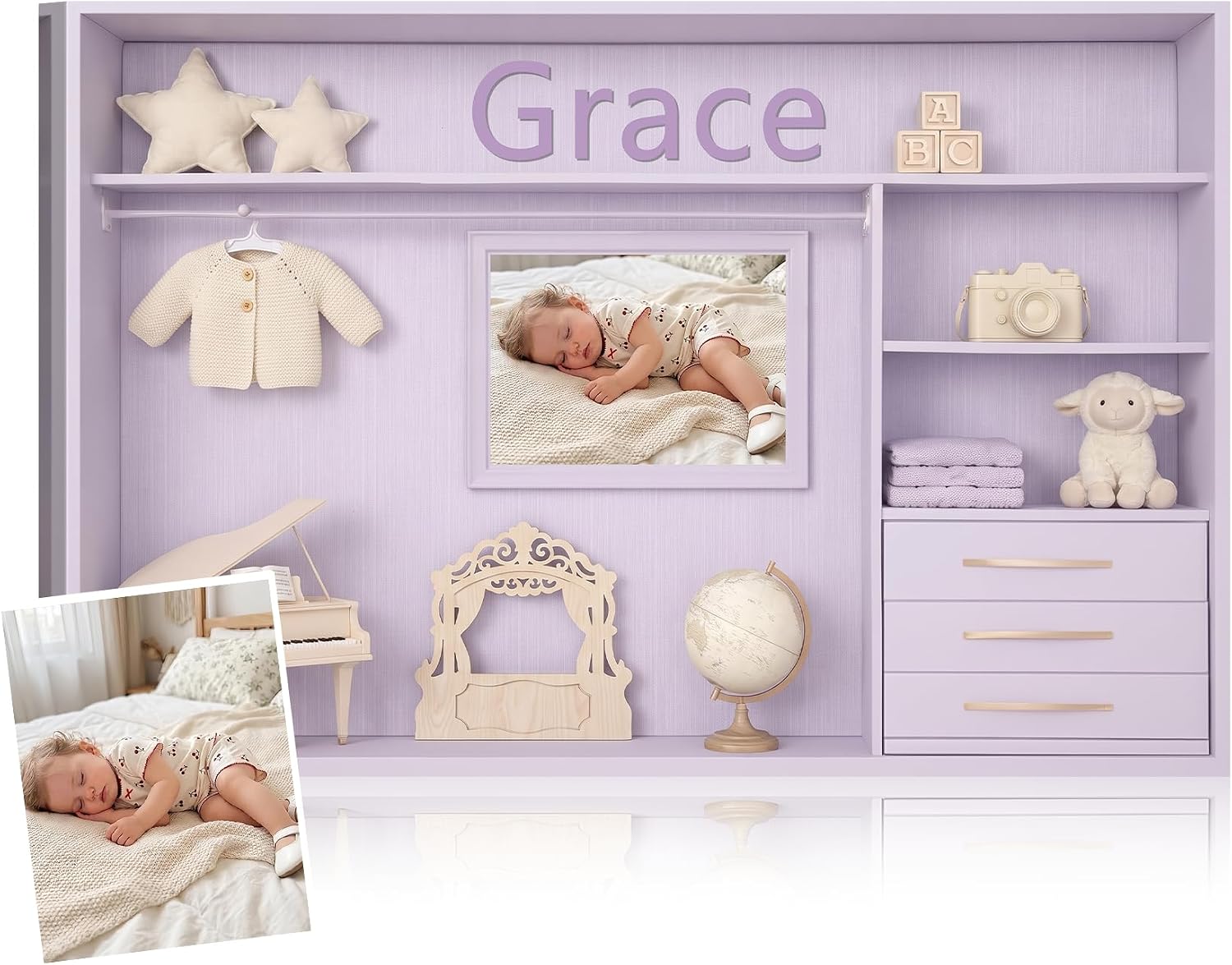 Custom Baby Photo Name Canvas Print, Faux 3D Mini Closet Nursery Wall Art