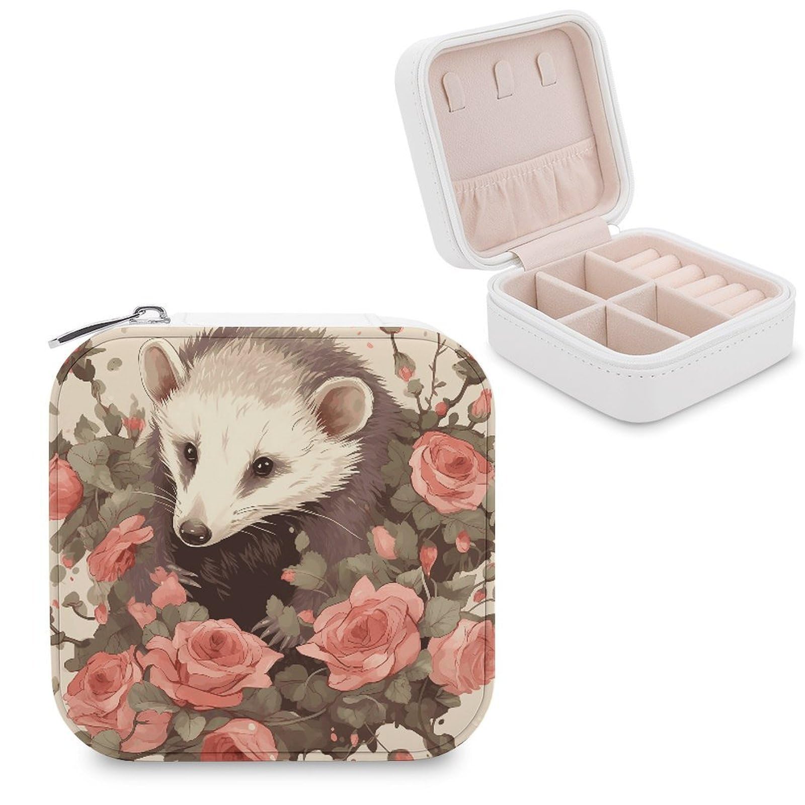 MUSM Opossum And Roses Travel Jewelry Case Personalized PU Leather Jewelry Boxes for Women Small Portable Jewelry Organizer Box Cute Trinket Box for Necklaces Rings Earrings & Gifts